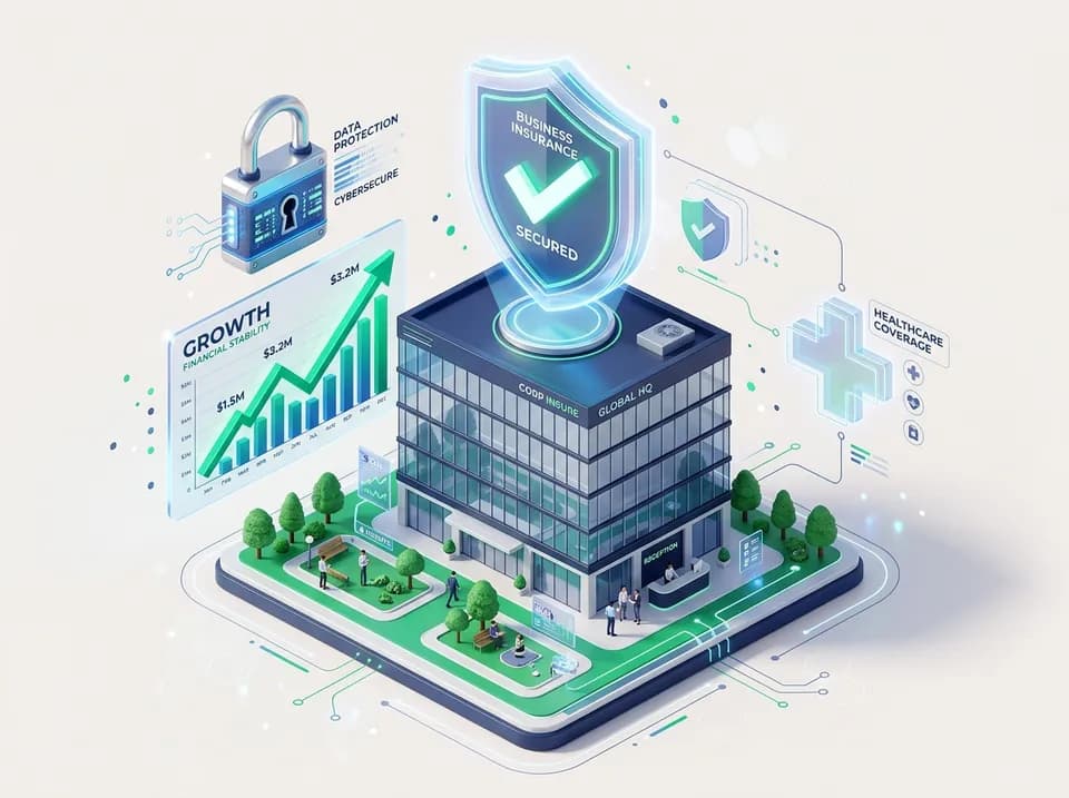 Corporate Business Insurance 3D Isometric Headquarters with Security Shield