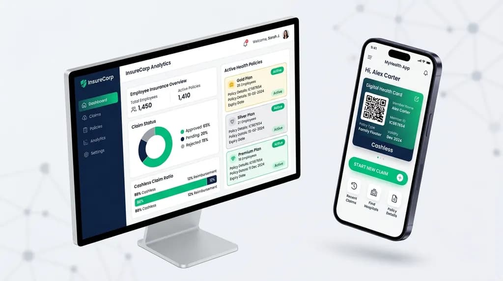 Corporate Insurance Desktop Software and Mobile App Mockup